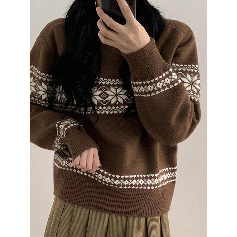 Retro Christmas Style Knitted Red Sweater Women's Round Neck Pullover Autumn Winter New Style Thickened Geometric Patterned Top