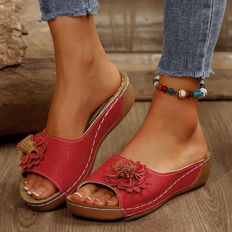 Summer Sandals  comfortable Non-slip Wedge Sandals for Women all Day Walking PU Leather Solid Color Open-Toe Slides Flat Beach Sandals