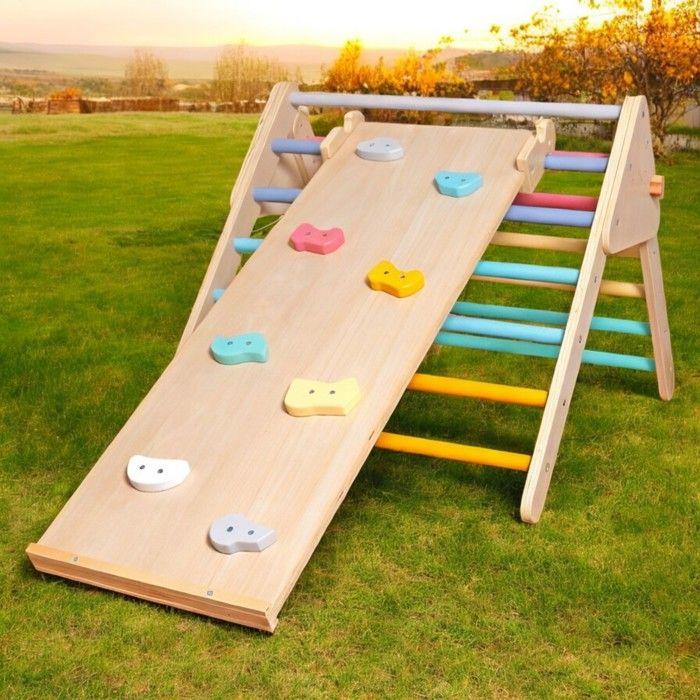 Triangle de Pikler - GINGER HOME 2 en 1 - Toboggan &amp; mur d'escalade - Pliable - Bois massif