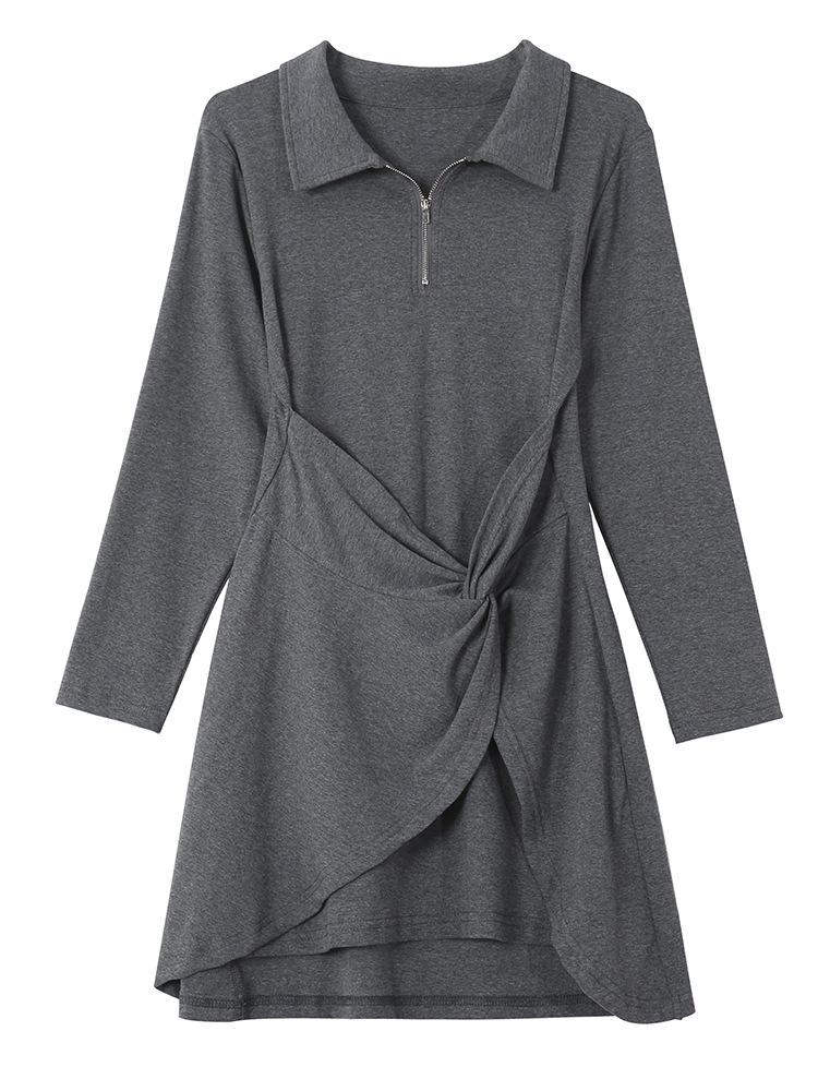Women's Irregular Polo Collar Zipper Bodycon Dress - Spring/Autumn Fashion Chic Short Sleeve Skirt