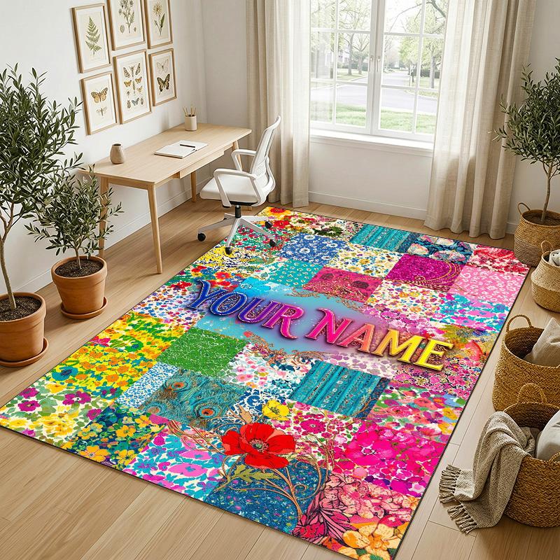Floral Garden Theme Crystal Velvet Rug Personalized Custom Name Text Soft Floor Mat Home Decor