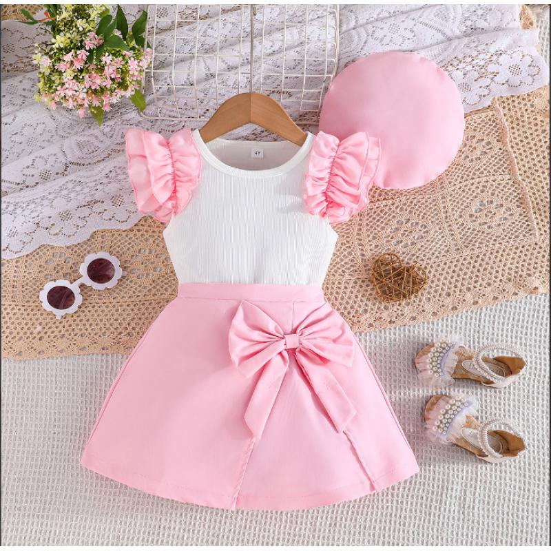 Neues Mädchen-Top mit Fledermausärmeln und Schleife + Kurzer Rock Set + Hut Süßes Mode-Set