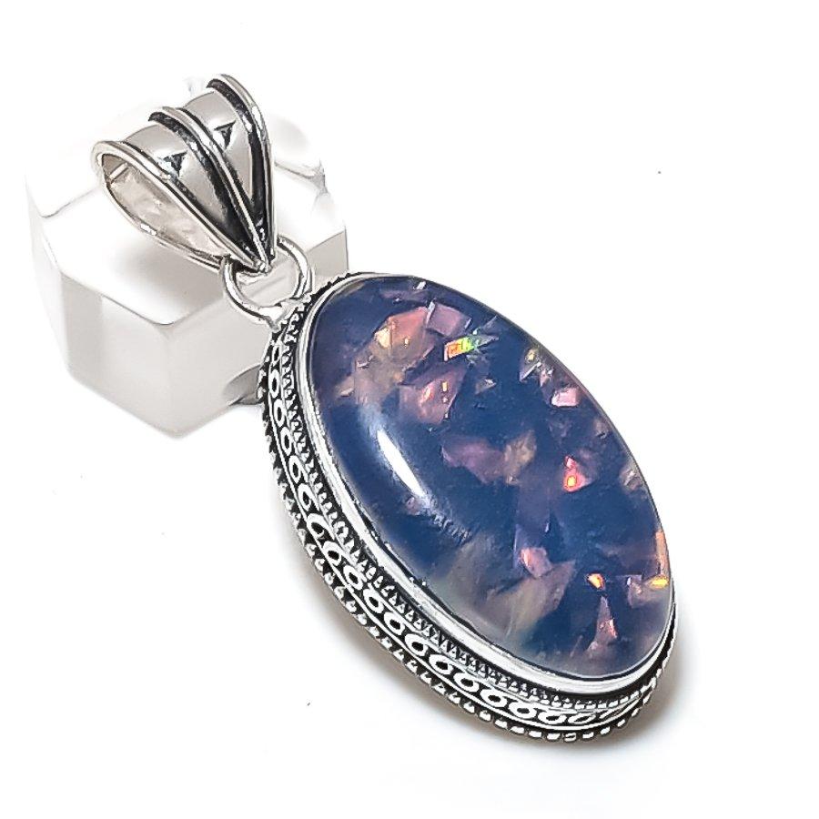 Blue Triplet Opal Gemstone 925 Sterling Silver Jewelry Pendant 2.05"