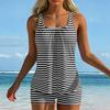 Women’s Striped Tankini Set with Square Neckline and Boyshorts Swimwear Two Piece Bathing Suit for Beach Pool