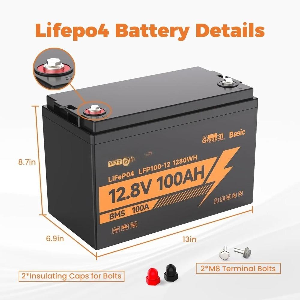 12V 100Ah LiFePO4 Lithium Battery, 15000+ Deep Cycles, 100A BMS Group 31 1280Wh Rechargeable Lithium Iron Phosphate, Customized
