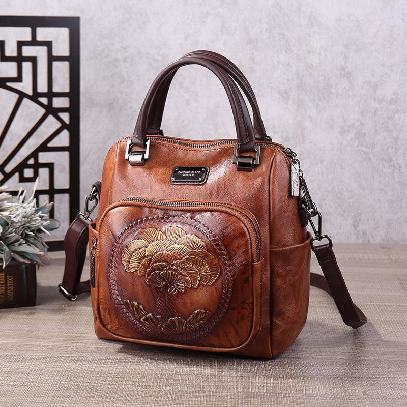 

Johnature Vintage Handmade Embossed Backpack Multi-purpose And Versatile Large Capacity Women s Bag