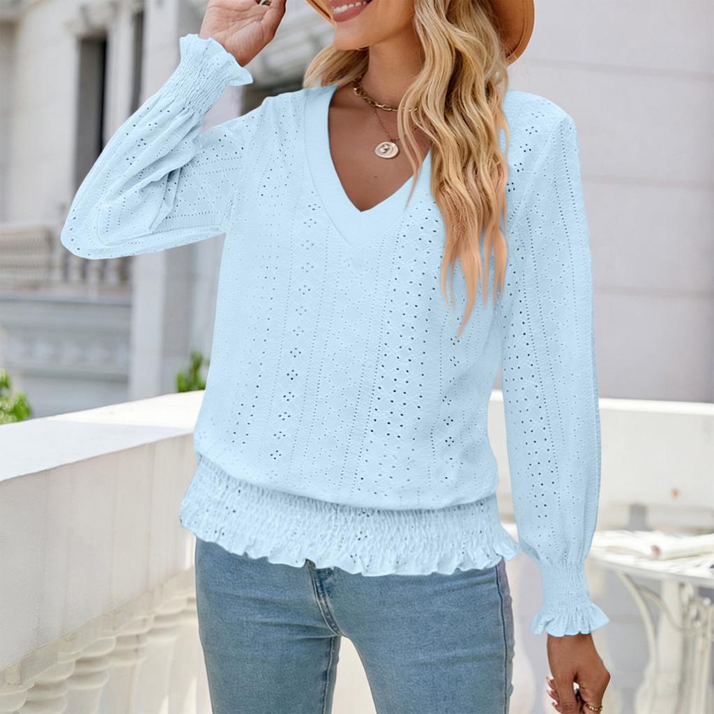 Women V Neck Hollow Out Long Sleeve Blouse with Ruffle Hem Lightweight Knit Pullover Top for Spring Autumn Casual Wear