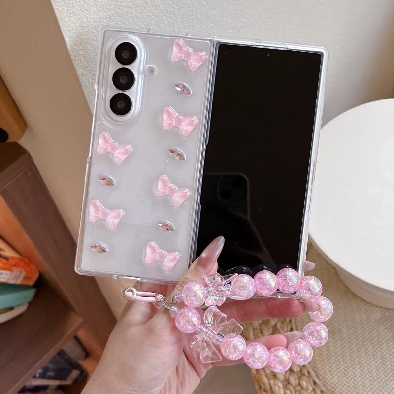 Korean Clear Glitter Pink Bow Cute Phone Case For Samsung Galaxy Z Fold 8 Ultra 7 6 5 Fold7 Fold6 Cover with Chain Kawaii Cases