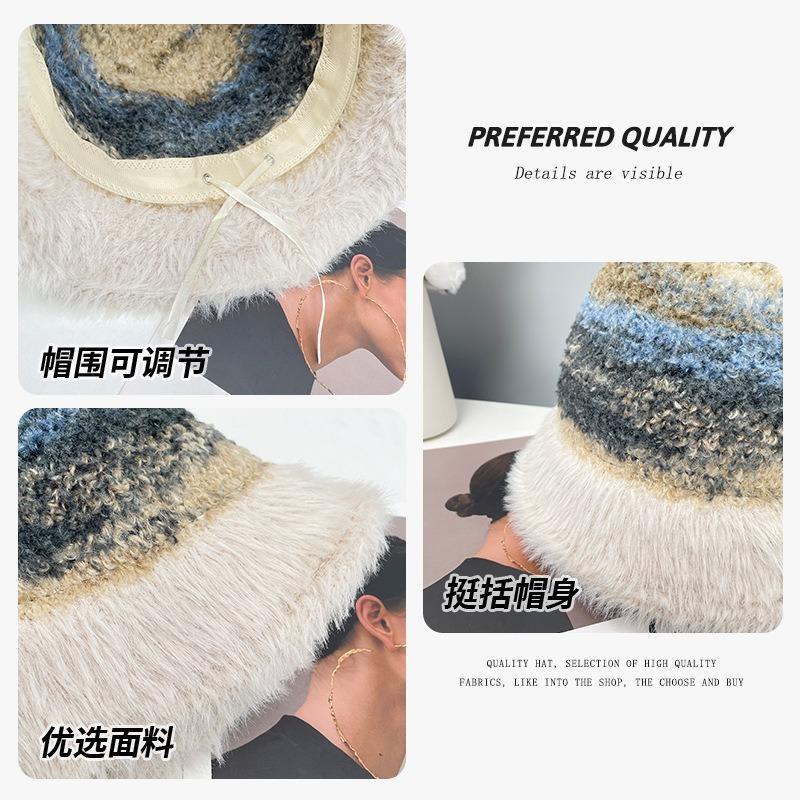 Rainbow Striped Fisherman Hat Children's Fashion Thickened Fleece Hat Autumn and Winter Outdoor Washbasin Hat