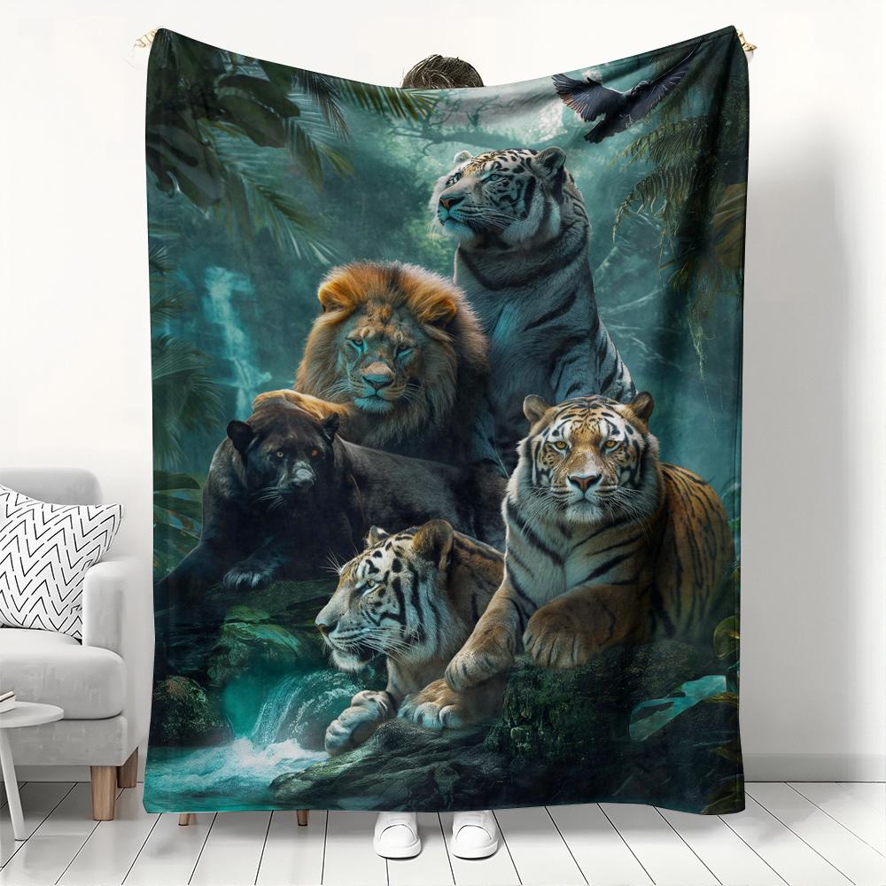 

Jungle Big Cat Collage Flannel Blanket, Wild Lion Tiger Panther Throw, Soft Cozy for Wildlife Lover Home Decor Sofa Couch Gift 75x90cm