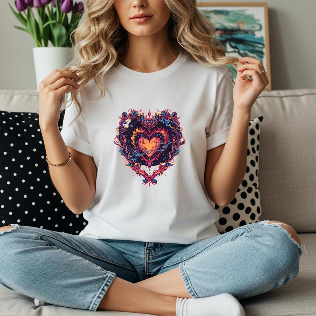 Flaming Heart Graphic Tee | Artistic Valentine Shirt | Romantic Fire Heart T-Shirt