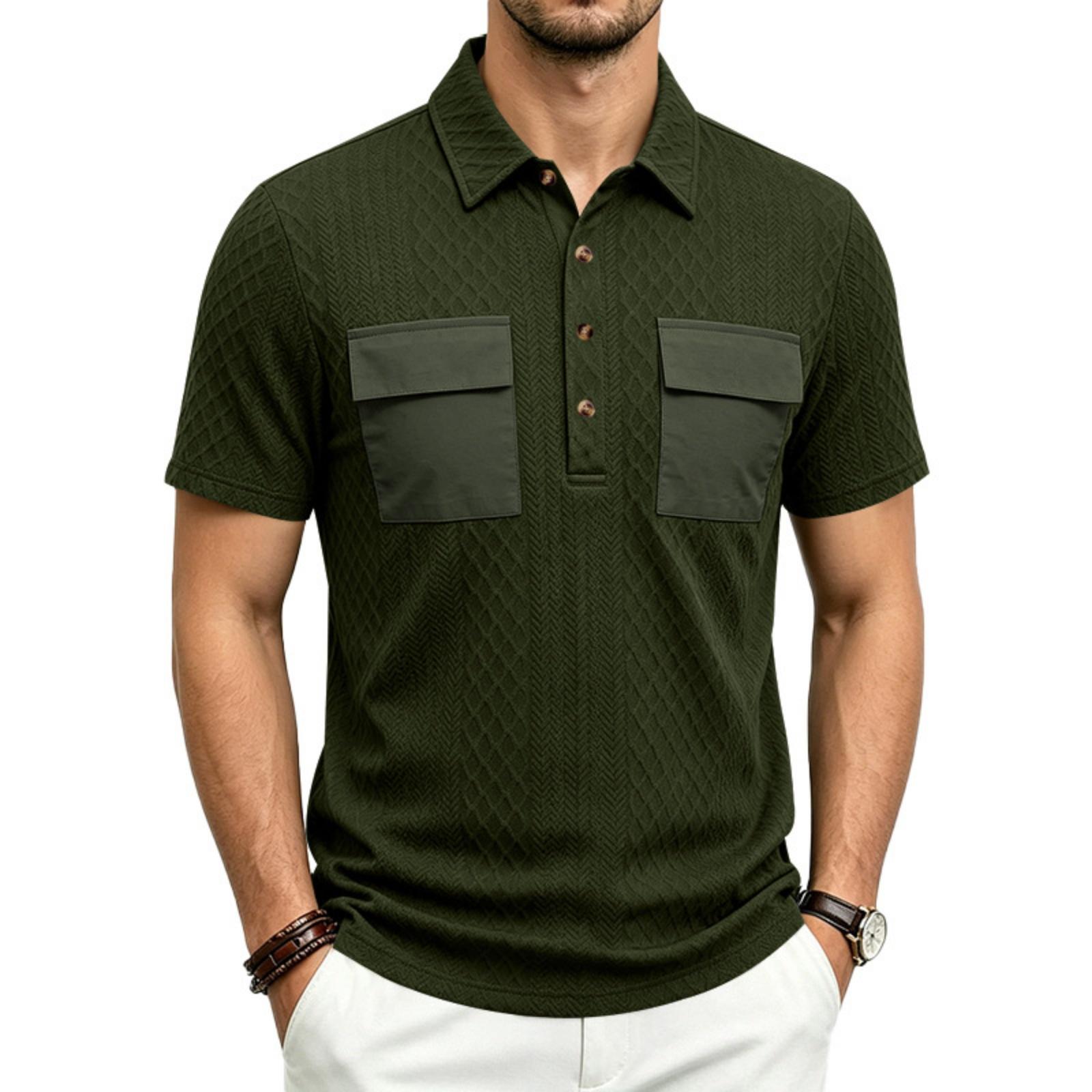 Men Heavyweight Loose Fit Jacquard Polo Shirt Workwear Multi Pocket Casual Short Sleeve Outdoor Shirt with Contrast Details L