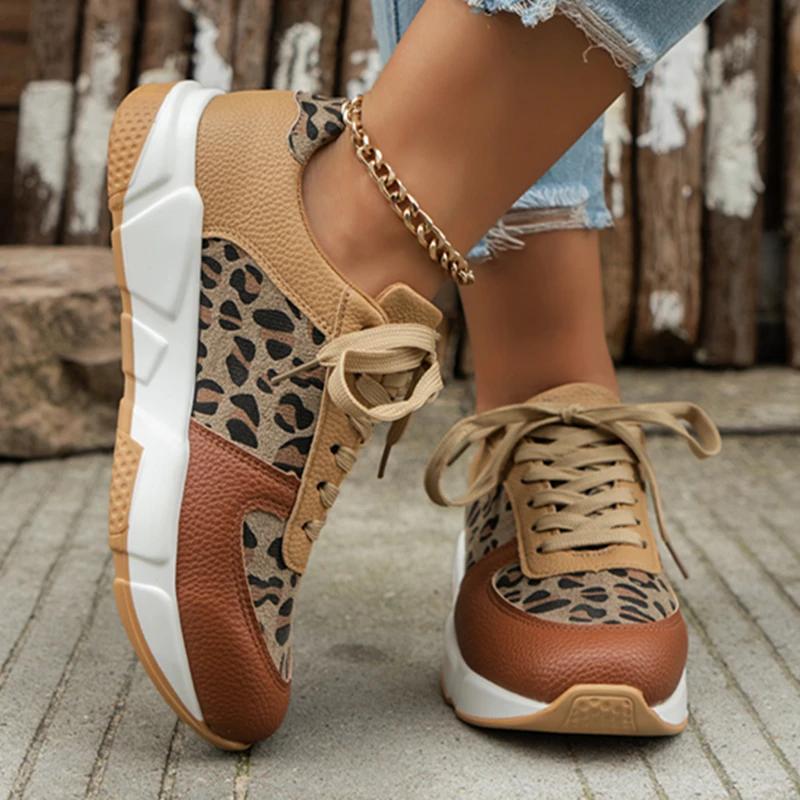 New Spring and Autumn Leopard Print Cross Strap Casual Fashion Vulcanized Shoes Round Toe Low-top Women's Sports Shoes