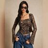 Women's new square neck leopard print mesh long-sleeved T-shirt women's horn sleeves waist thin versatile top