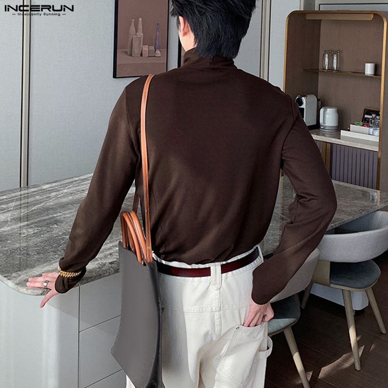 INCERUN Spring Autumn Men Solid Color High Collar Long Sleeve Fitted Tops Undershirts