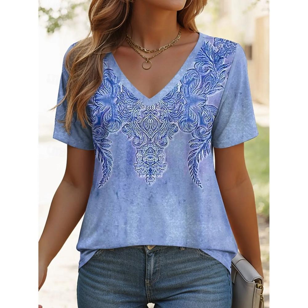 Ethnic Women's Vintage Graphic Fashion Short Sleeved V-Neck Regular Tops Daily Summer Casual Comfortable V Neck T-Shirts