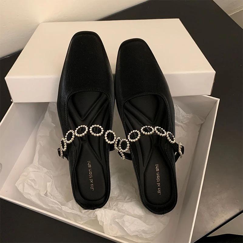 

Модные женские хрустальные мюли, балетки, шлепанцы, дизайнерские сандалии, платье, квадратный носок, кожаные шлепанцы, лето, слингбэк, пряжка, де мухер, горячая распродажа 35 чёрный