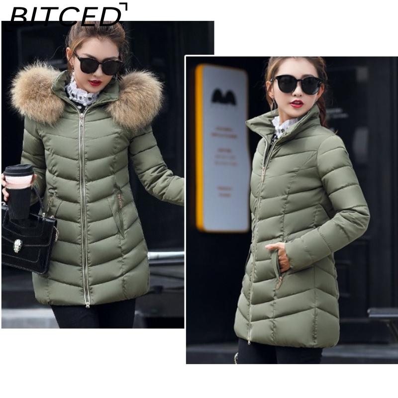 BITCED Winter Coat for Women - Mid-Length Slim-Fit Cotton Jacket with Large Fur Collar and Down-Filled Quilted Design