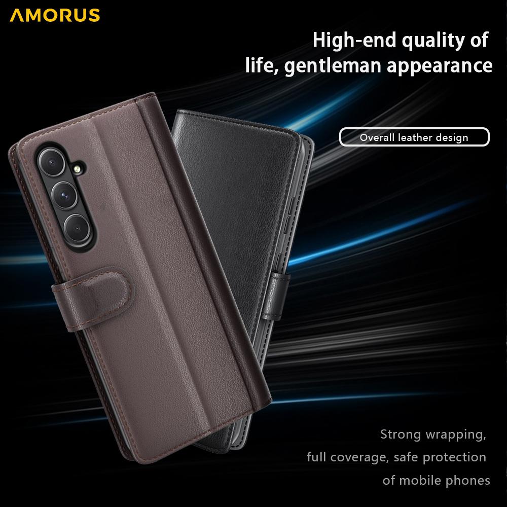 AMORUS For Samsung Galaxy A55 5G Stand Cases Calf Texture Genuine Split Leather Wallet Phone Cover