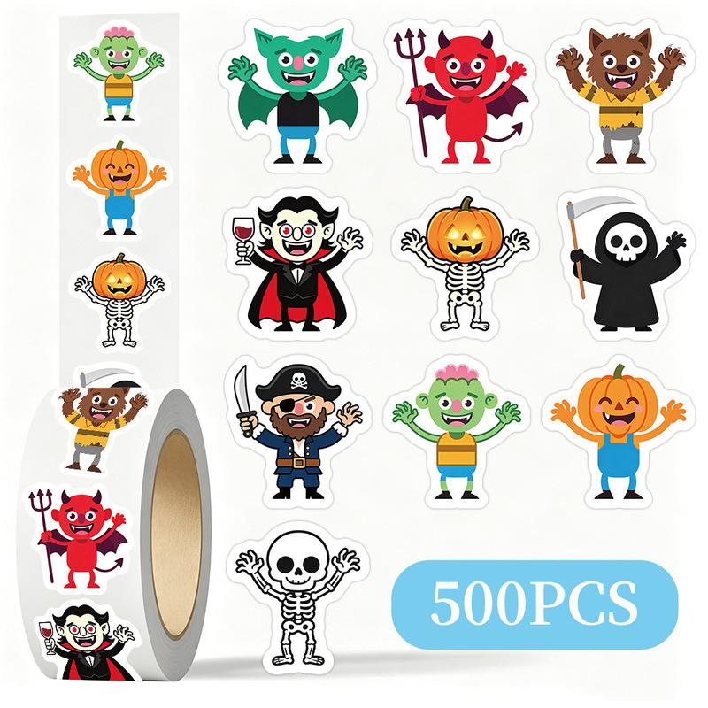 500pcs/roll Cute Halloween Stickers Cartoon Vampire Pumpkin Skeleton Decals Labels for Party Favors Gift Wrapping Crafts