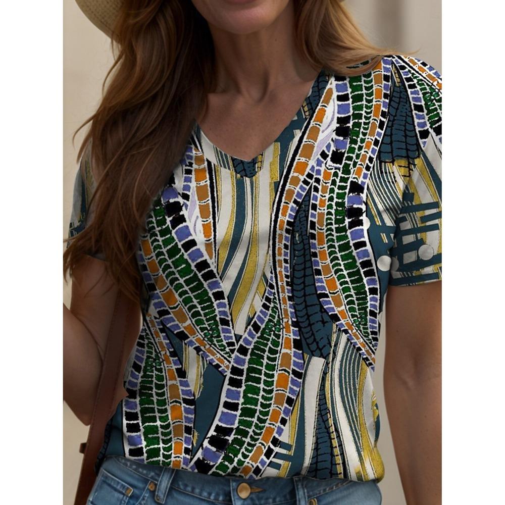 

Летняя блузка с градиентным графическим принтом, V-образным вырезом, модная, женская, в стиле ретро, футболка с цветочным принтом, свободная футболка 6XL
