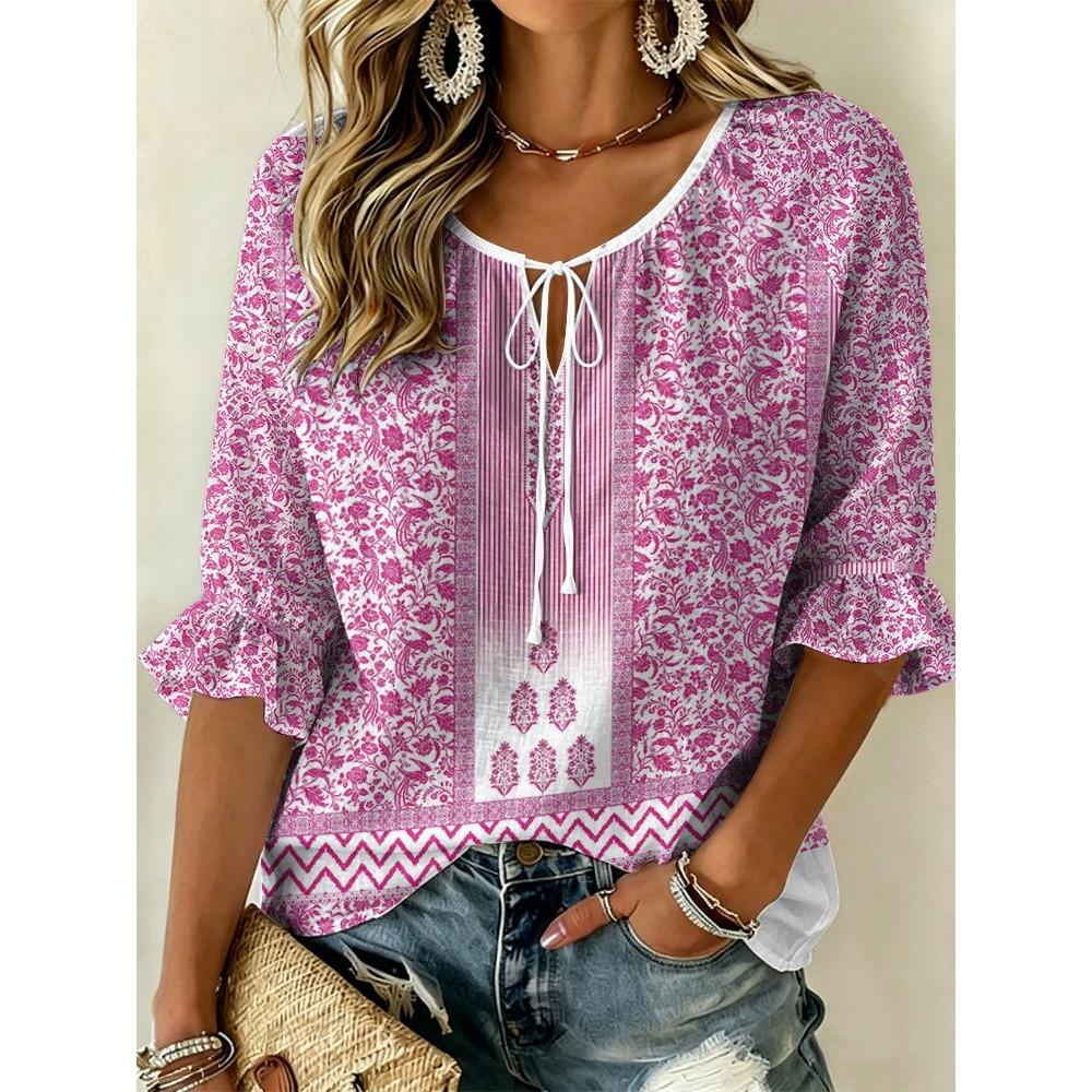 Women's Purple Embroidered Paisley Print Tie Neck Blouse, Casual Loose Tops for Spring Summer Daily Wear & Vacation Occasions