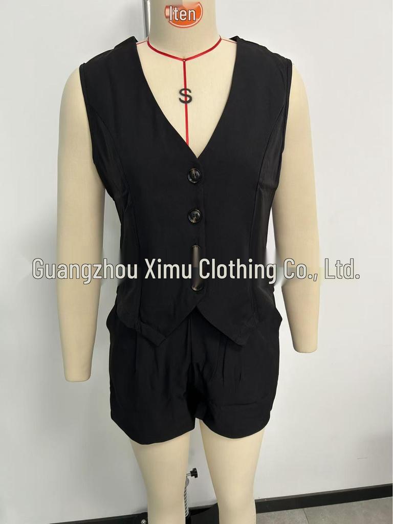 2025 Women's V-neck Button Vest & Shorts Elegant Two-Piece Set