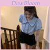 Bubble Sleeve Blue Doll Collar Short Sleeve Shirt With 3d Effect For Summer Fashion