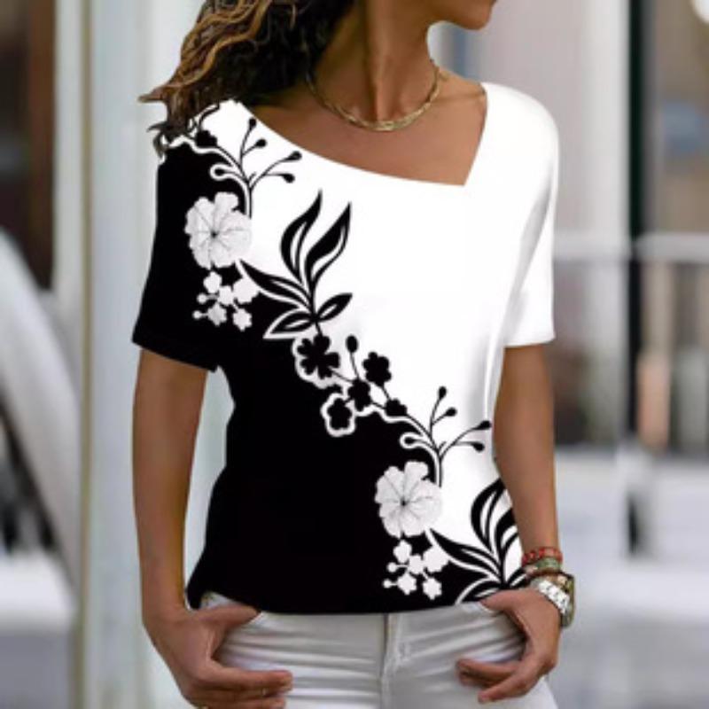 

Летний топ с косым вырезом, цветочным узором и 3D-принтом, модные повседневные женские футболки с коротким рукавом XS