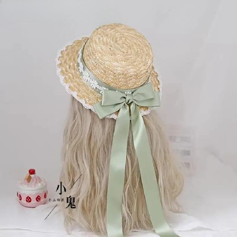 Small Sweet Lolita Straw Hat Lolita Princess Lace Bow Ribbon Straw Hat Women Girls Summer Straw Hats Beach Sun Hat