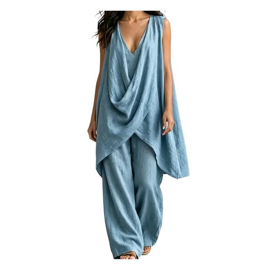 2 Piece Sets for Women, Irregular Hem Casual Sleeveless V Neck Top And Wide Leg Pants Summer Lounge Matching Outfits