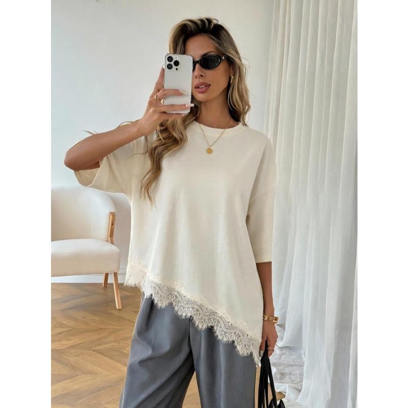 2026 Slanted Bottom Lace Splicing Short Sleeve T-shirt Summer Fashion Top for Women Loose Solid Color Elegant Irregular Blouse Women's Clothing