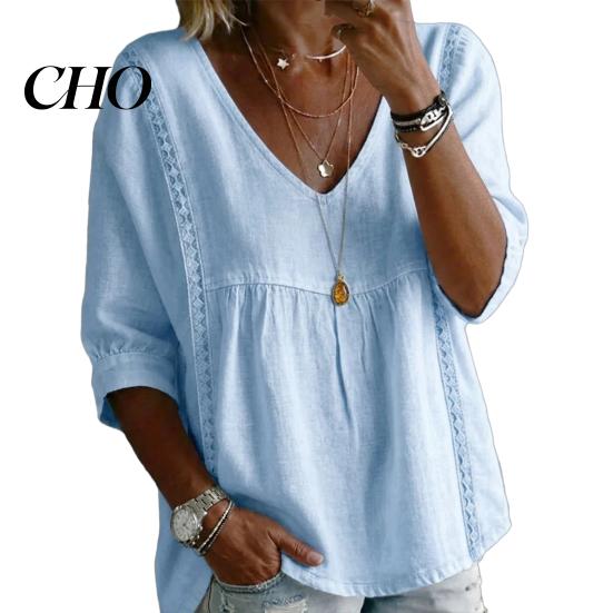 Solid Color V-neck Tops Women V Neck 3/4 Sleeves Pure Lace Splicing Comfortable Everyday Design Tee Shirt Loose Fit Versatile Summer Daily Wear Office XXL