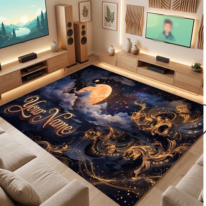Space Cosmic Theme Crystal Velvet Floor Rug Personalized Custom Name Text Warm Carpet Home Decoration