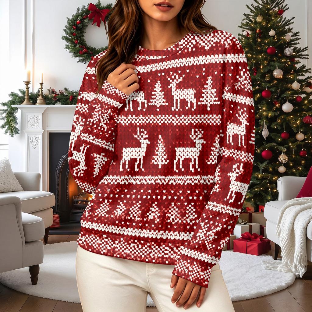 Women's Casual Long Sleeve Christmas Print Neck Pullover Sweatshirt Top
