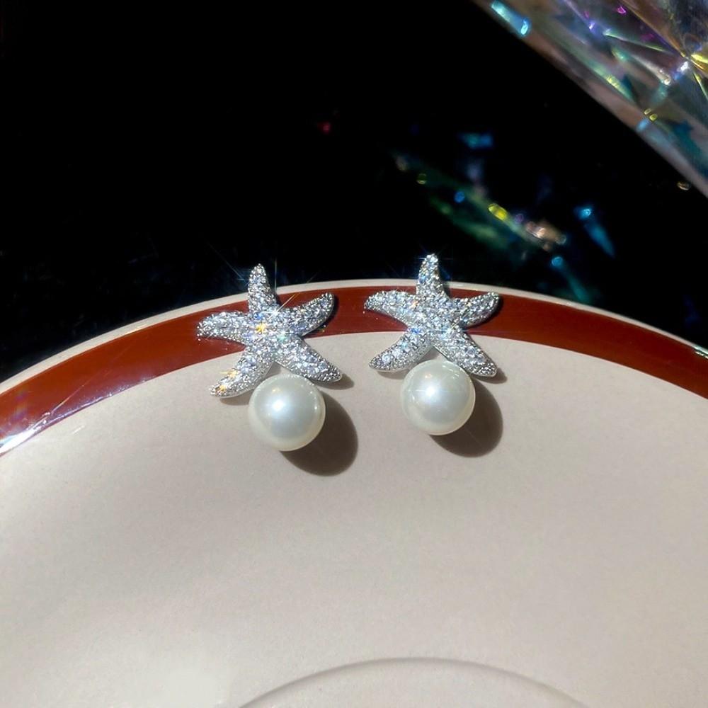 Ocean Style Starfish Starfish Pearl Stud Earrings Crystal Starfish Ear Studs  Girl Couple Gift