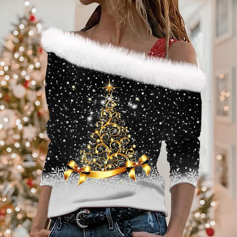 Damski top z długim rękawem z ukośnym kołnierzem Modny damski luźny sweter z nadrukiem świątecznym z odkrytymi ramionami