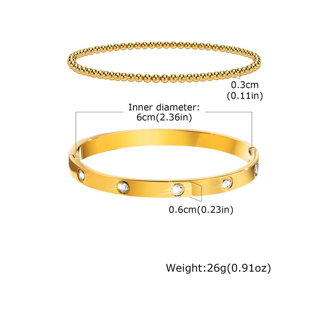 Fashion Stackable Stainless Steel Beads Bracelet for Women, Cubic Zircon Gold Plated Bangle, Waterproof Light Luxury Jewelry