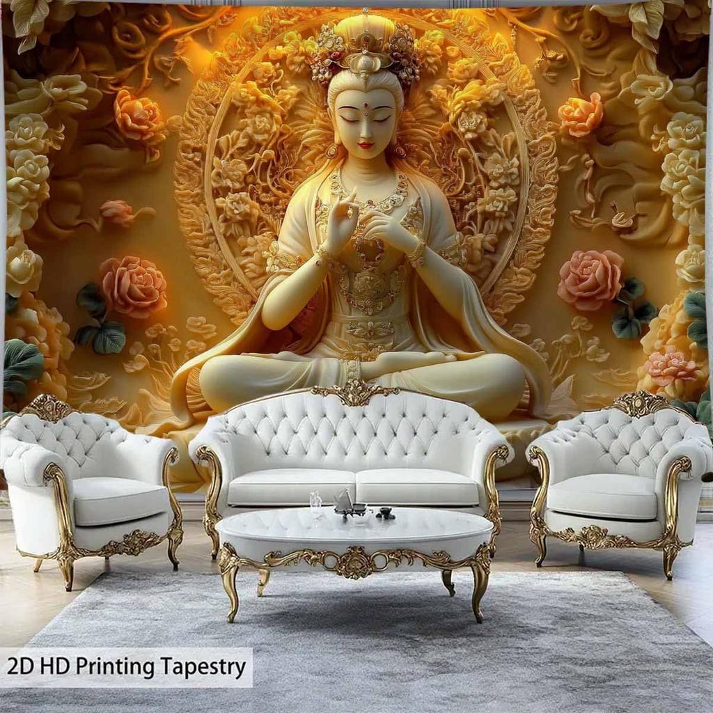 Golden Buddha Goddess Wall Tapestry With Floral Carving And Peaceful Design Art Decor For Zen Bedroom Meditation Space