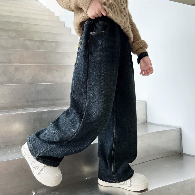 2025 Blugi pentru Băieți Mărimi Mari cu Căptușeală Fleece cu Croială Dreaptă pentru Adolescenți Supraponderali – Pantaloni Lungi de Primăvară și Toamnă Pantaloni la Modă