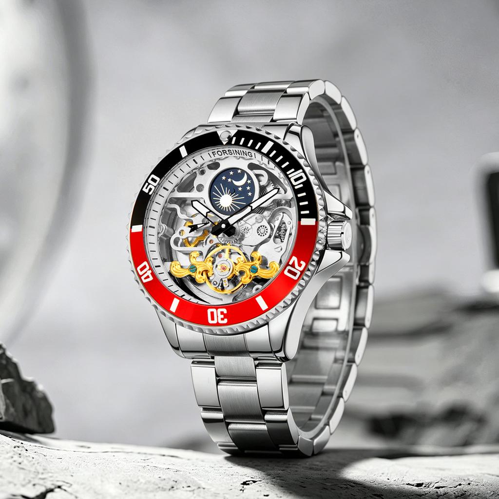 Forsining Luxury Mechanical Watch for Men Moon Phase Rotating Bezel Tourbillon Skeleton Automatic Watches