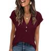 Women Short Sleeve Pullover V Neck T Shirt Casual Loose Fit Blouse with Button for Daily Wear Office Home