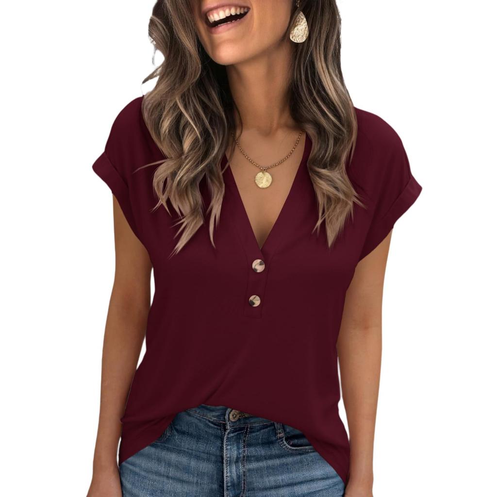 Women Short Sleeve Pullover V Neck T Shirt Casual Loose Fit Blouse with Button for Daily Wear Office Home