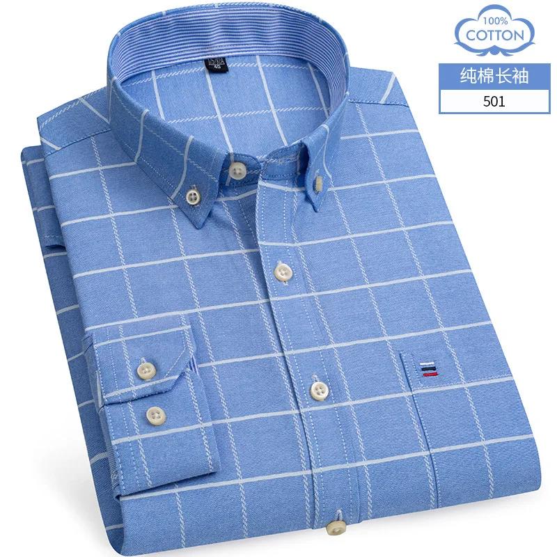 100% Cotton Oxford White Casual Shirts for Men Long Sleeve Buttons Plaid Shirt Striped Pocket Men Shirts Plus Size 7XL Camisas