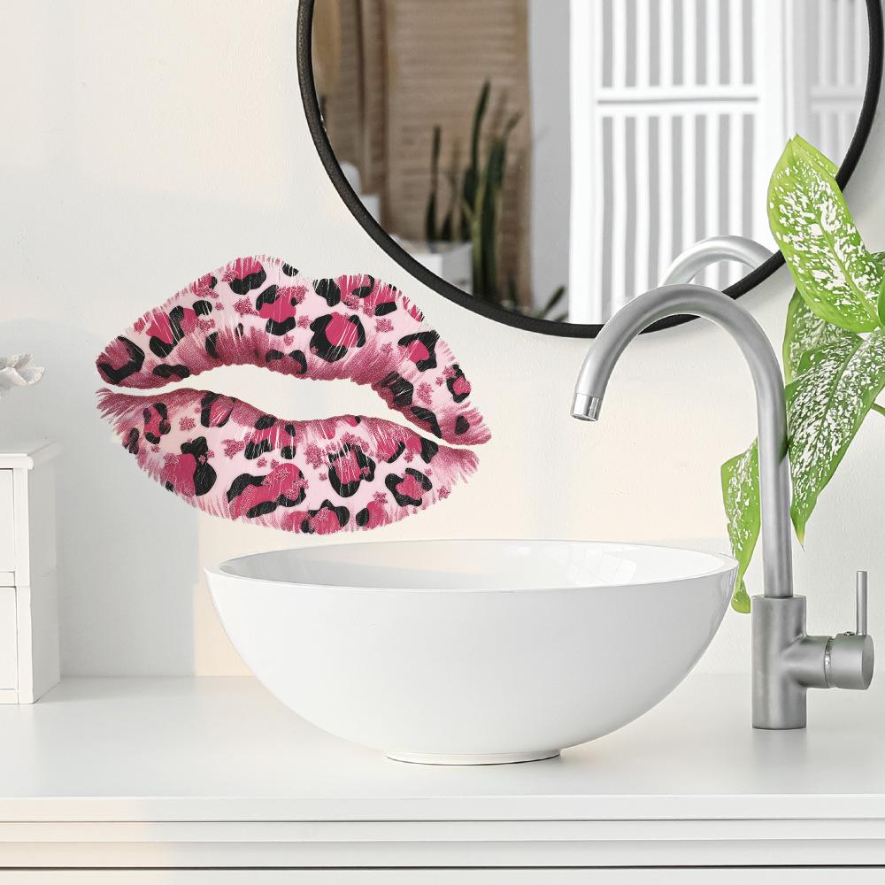 Creative Pink Leopard Print Red Lip Wall Decoration Stickers for Bathroom and Bedroom Walls