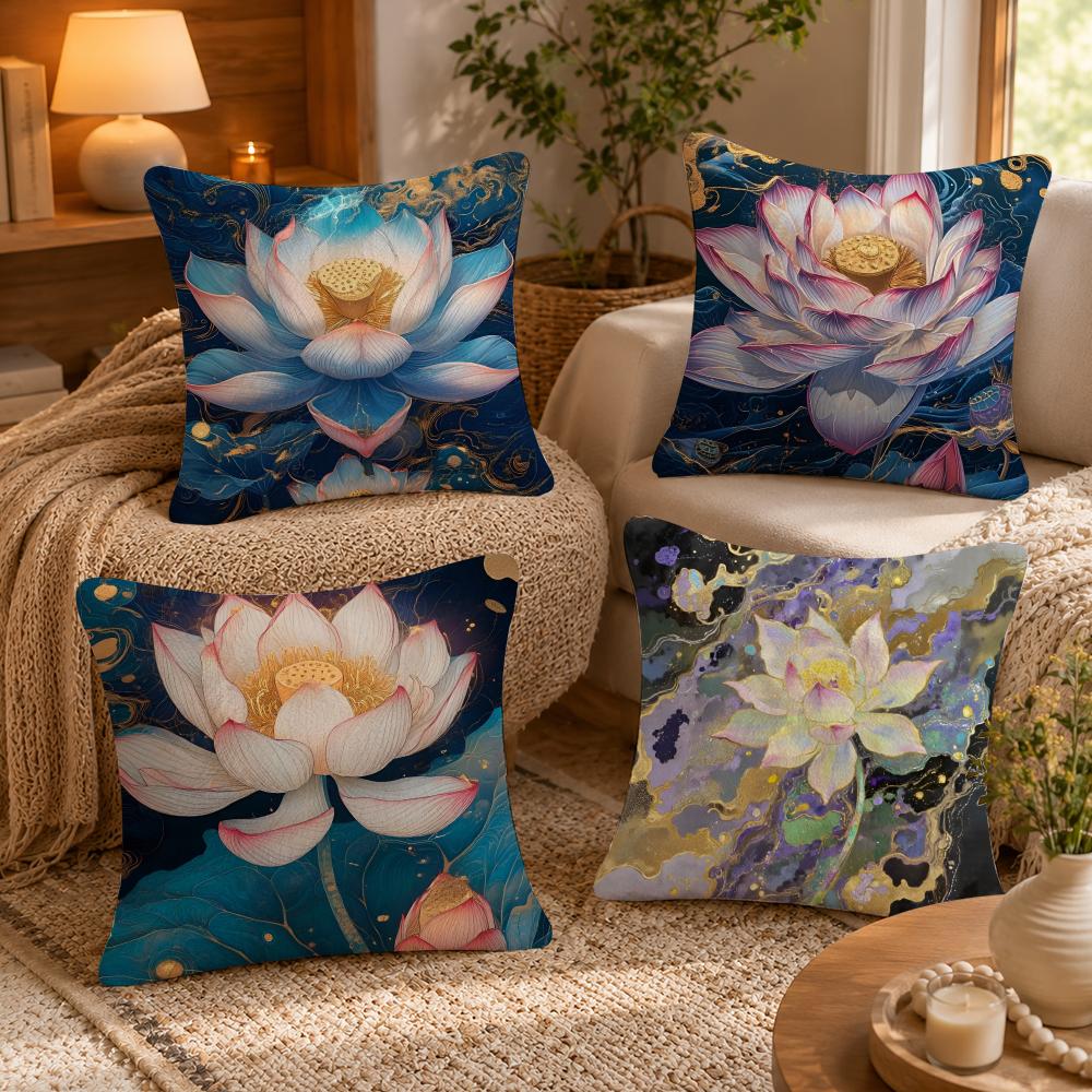 Lotus Flower Cushion Cover Anti-dustmite Pillowcase Invisible Zipper Silky Short Plush Sofa Cushion Cover