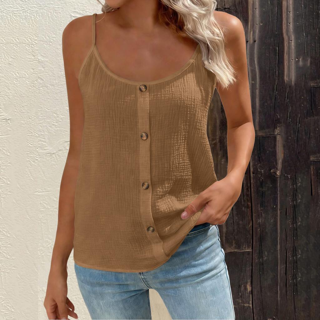 Women's Fashionable Loose-Fit Button-Down Round-Neck Adjustable Strap Tank Top