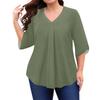 Women's Fashion Large Size Solid Color V-Neck Three-quarter Sleeve Top