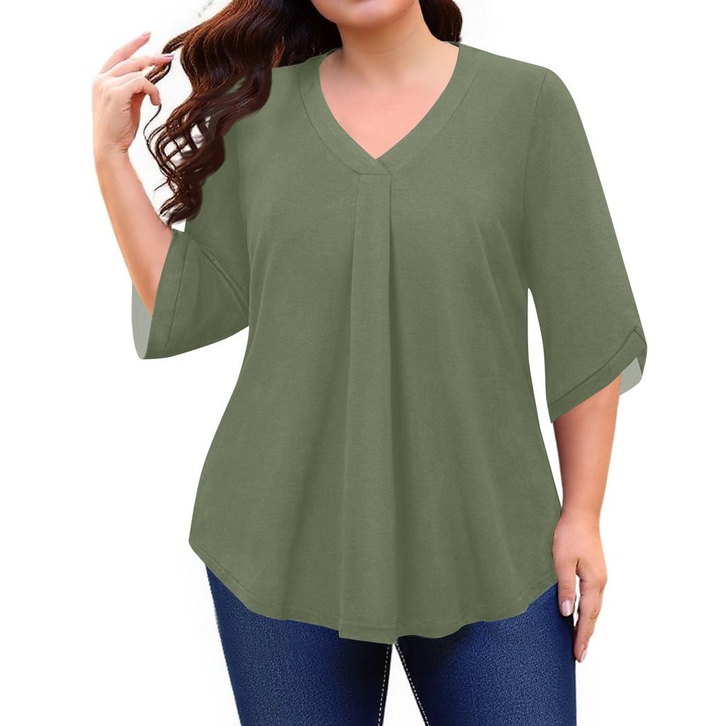 Women's Fashion Large Size Solid Color V-Neck Three-quarter Sleeve Top