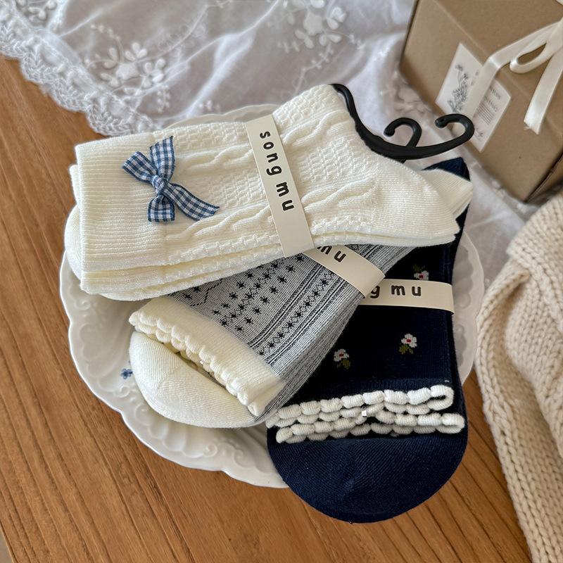 Songmu Southern French Bow "Boneless Socks Medium Socks Korean Bow Broken Flower Pile Cotton Socks